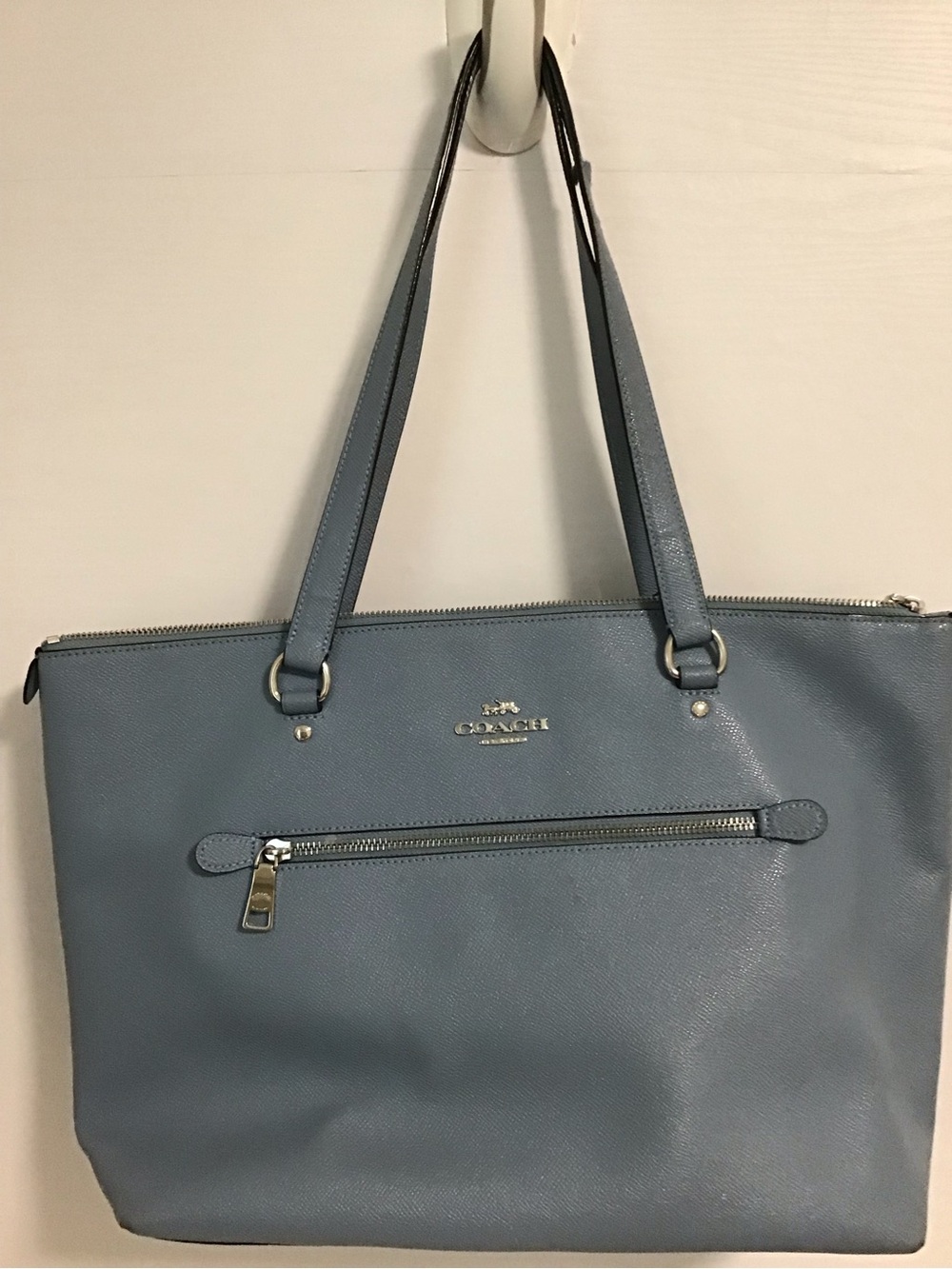 Coach Slate Blue Leather Zip-Top Tote can fit laptop 13” please read